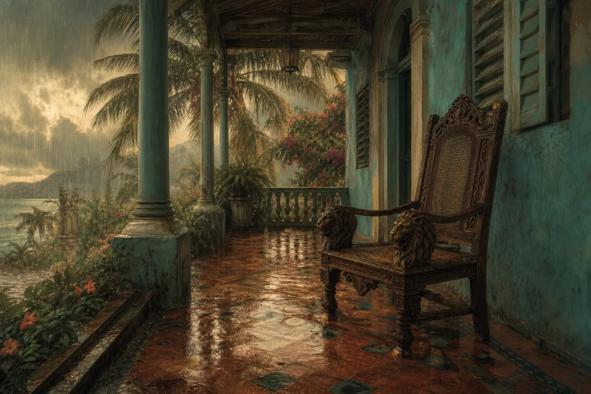 Una vieja silla de madera tallada en el porche de una casa caribeña bajo la lluvia