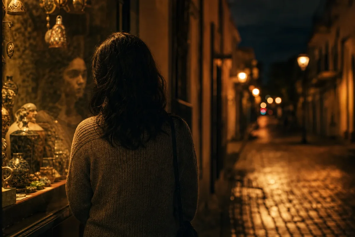 Una persona mirando su reflejo en una vitrina iluminada de noche