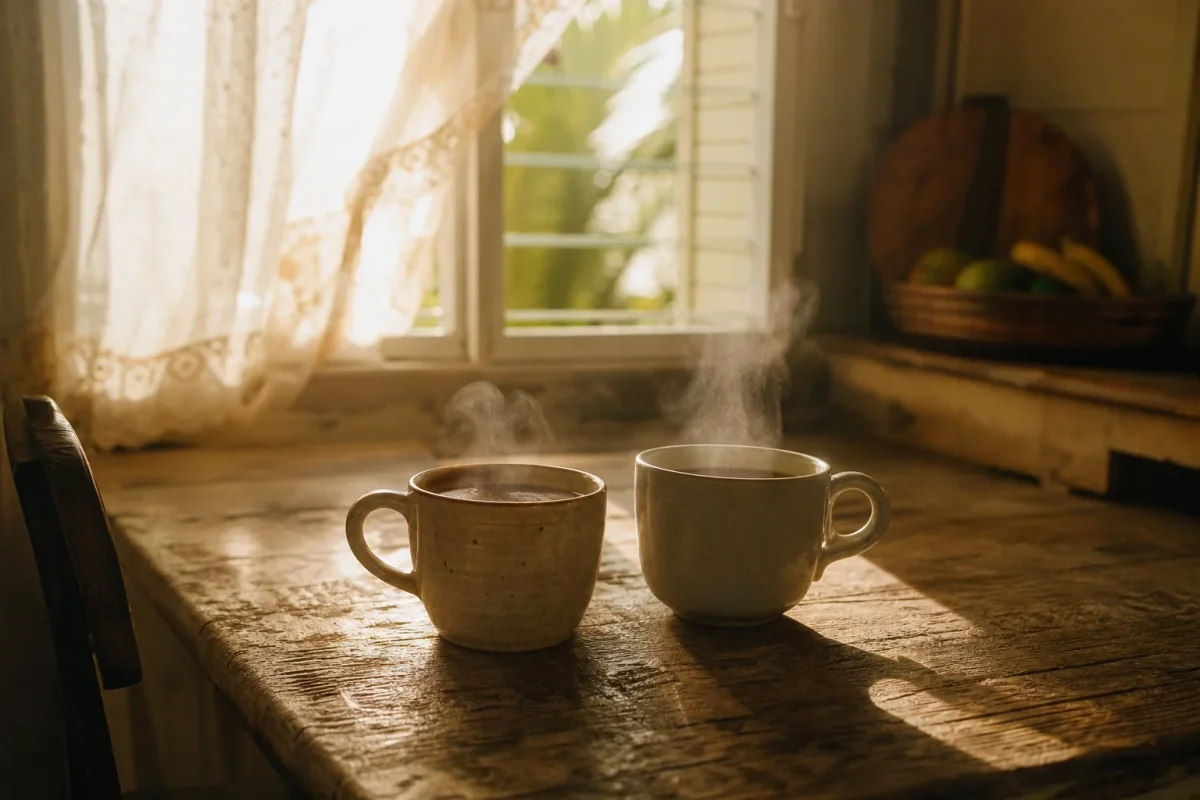 Dos tazas de café sobre una mesa de madera sencilla con luz de mañana