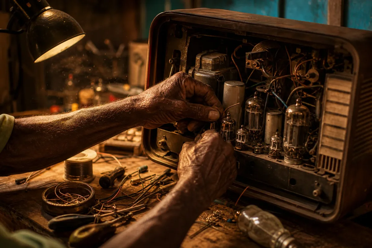 Manos de artesano reparando un radio antiguo sobre una mesa de trabajo