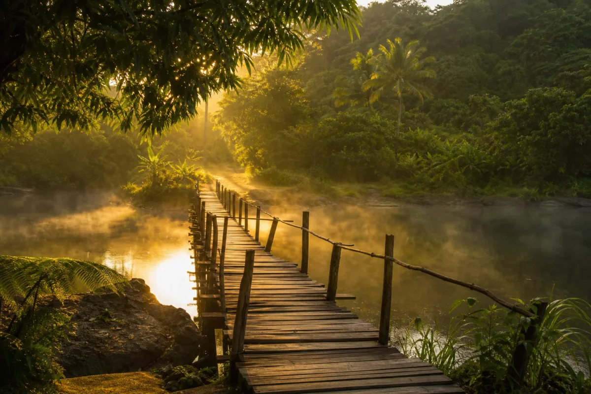 Un puente de madera cruzando un río tranquilo entre árboles al amanecer